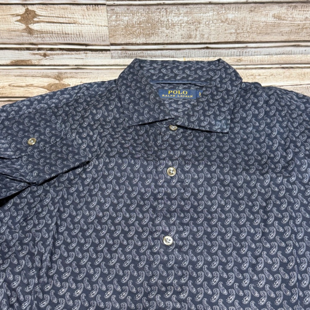 Polo Ralph Lauren Button Down Shirt Mens L Navy Blue Paisley Long Sleeve Cotton